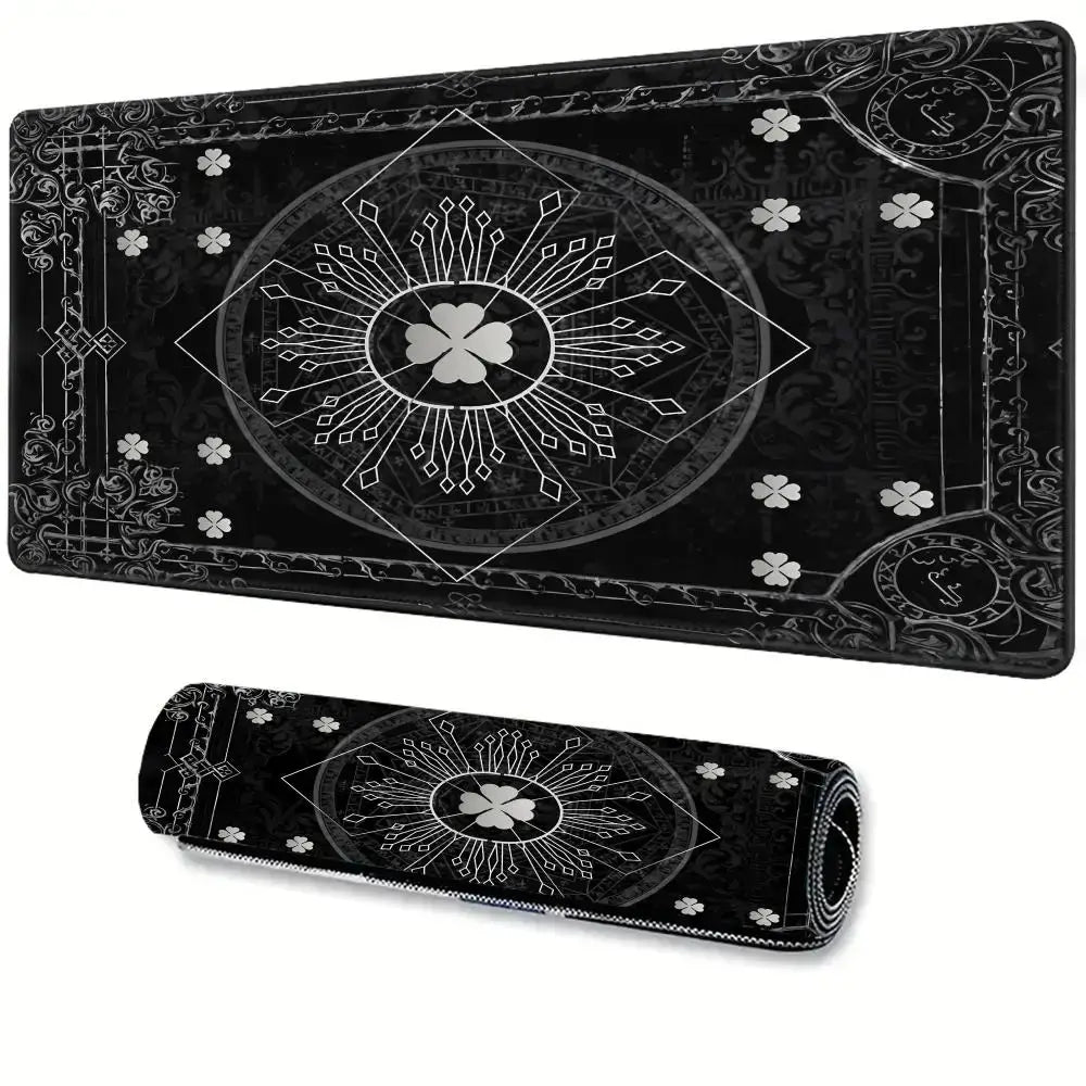 Black clover asta gaming desk mat featuring intricate white geometric and clover patterns on a large black mousepad rolled-up view