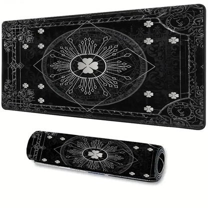 Black clover asta gaming desk mat featuring intricate white geometric and clover patterns on a large black mousepad rolled-up view