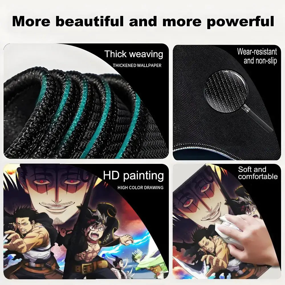 Black clover asta gaming desk mat with black and teal thick-woven fabric and hd anime artwork