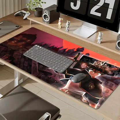 Black clover asta gaming desk mat in red and black featuring spiky hair character against sunset backdrop