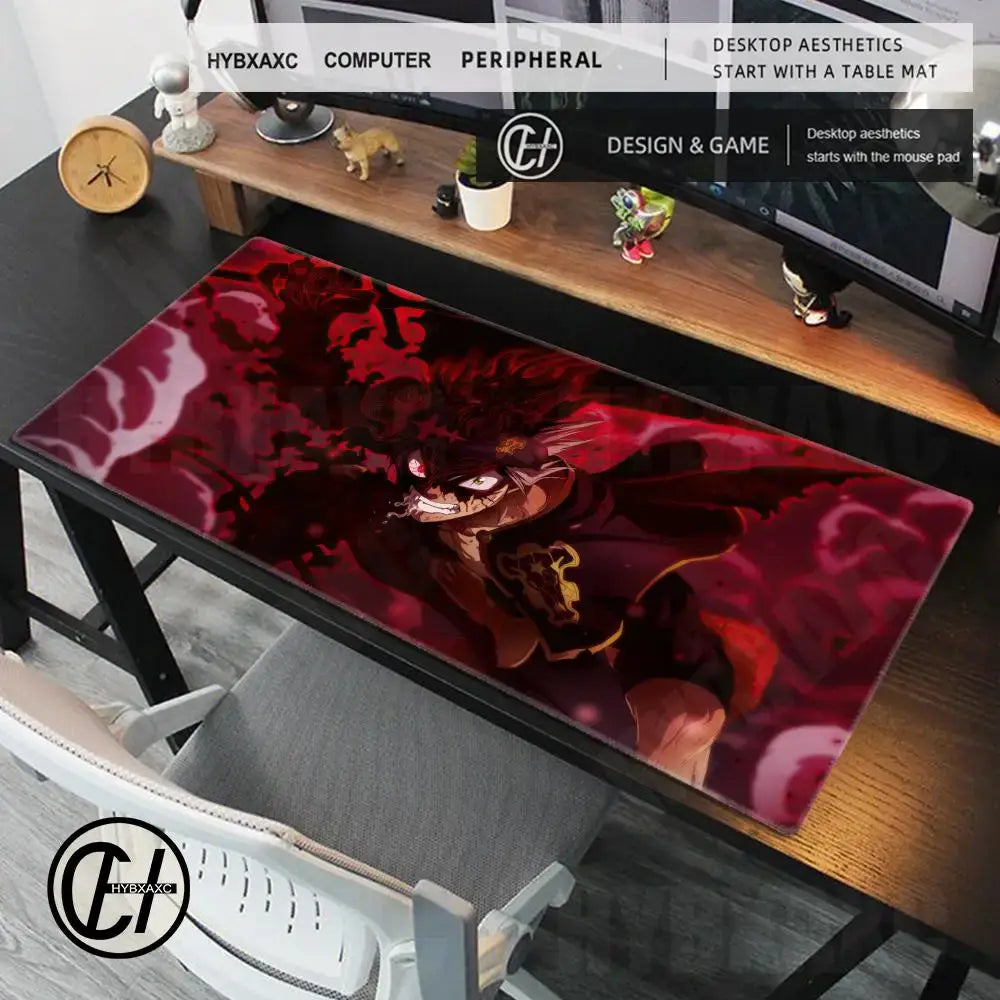 Black clover asta gaming desk mat in red and black with glossy finish and anti-slip surface for gaming setup