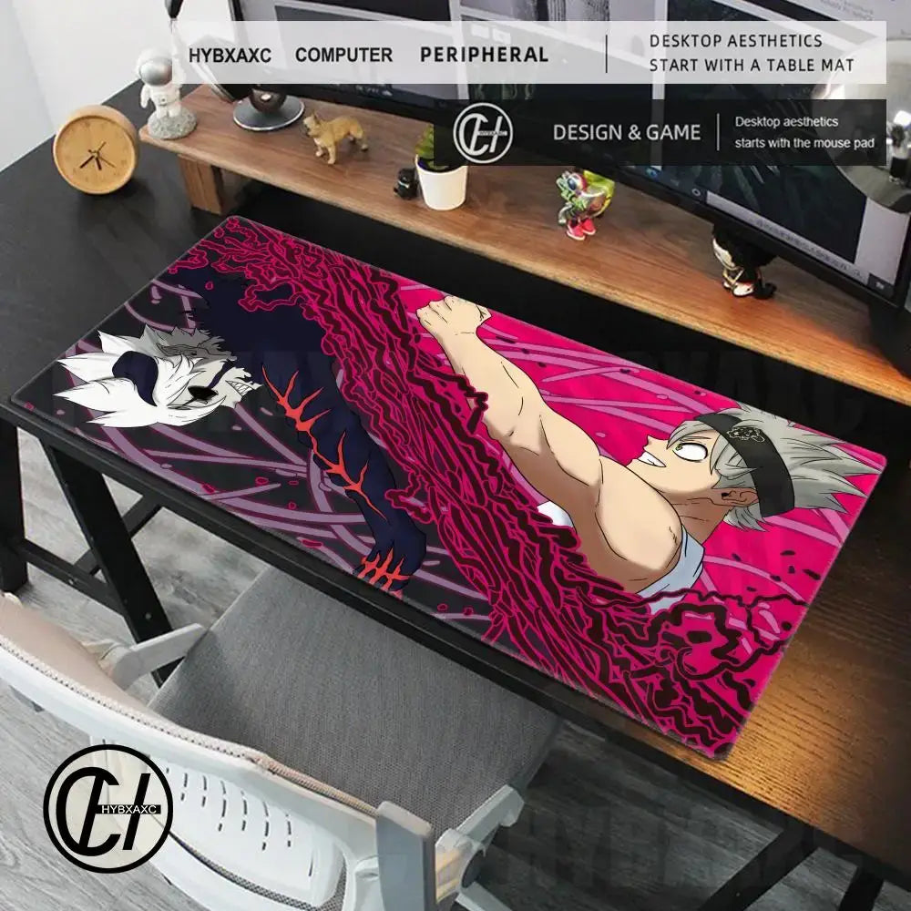 Black clover asta gaming desk mat in vibrant pink and black with dynamic anime characters and anti-slip surface