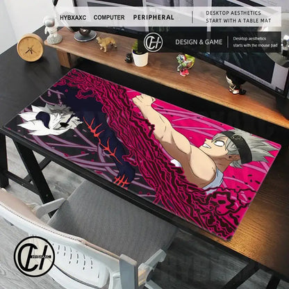 Black clover asta gaming desk mat in vibrant pink and black with dynamic anime characters and anti-slip surface