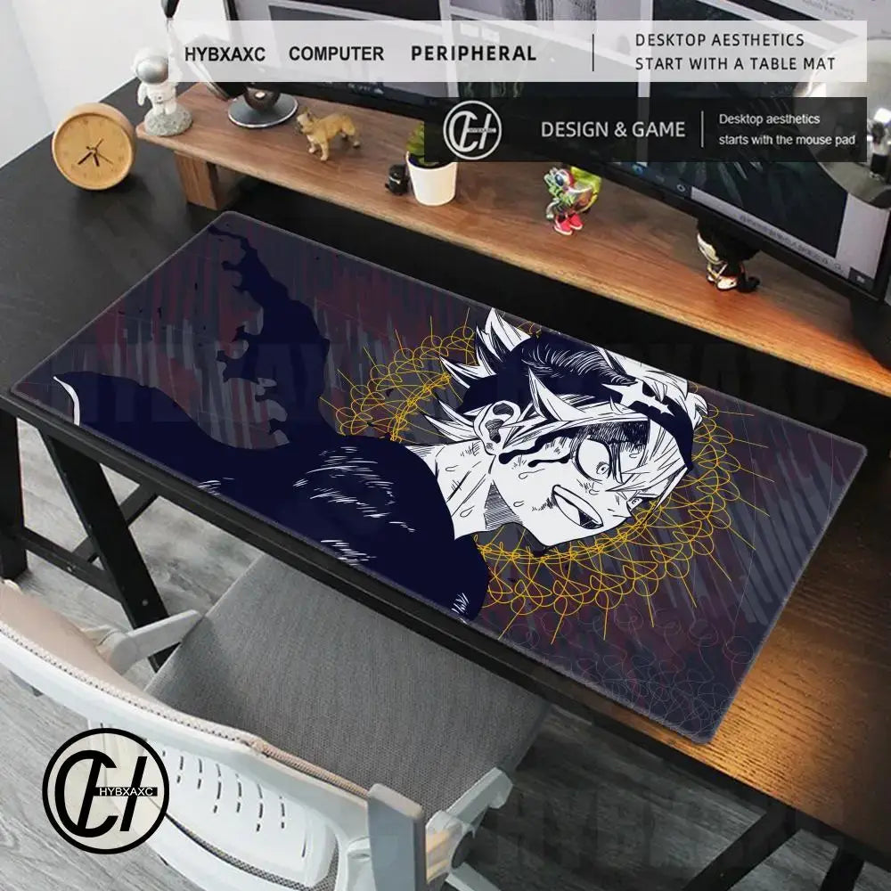 Dark blue rectangular desk mat featuring black clover asta anime design with white and gold accents for gaming use
