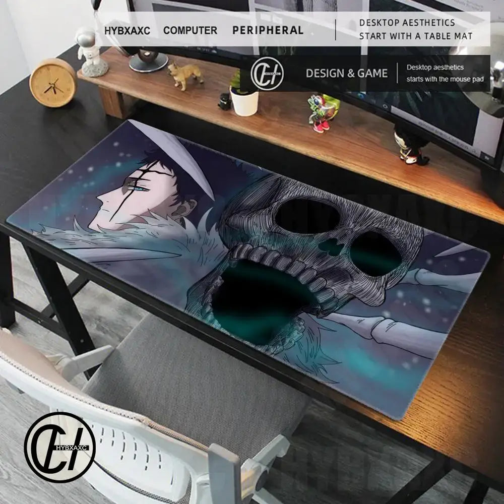 Black clover asta gaming desk mat featuring a dark anime skeletal figure with glowing green eyes on a cosmic blue background