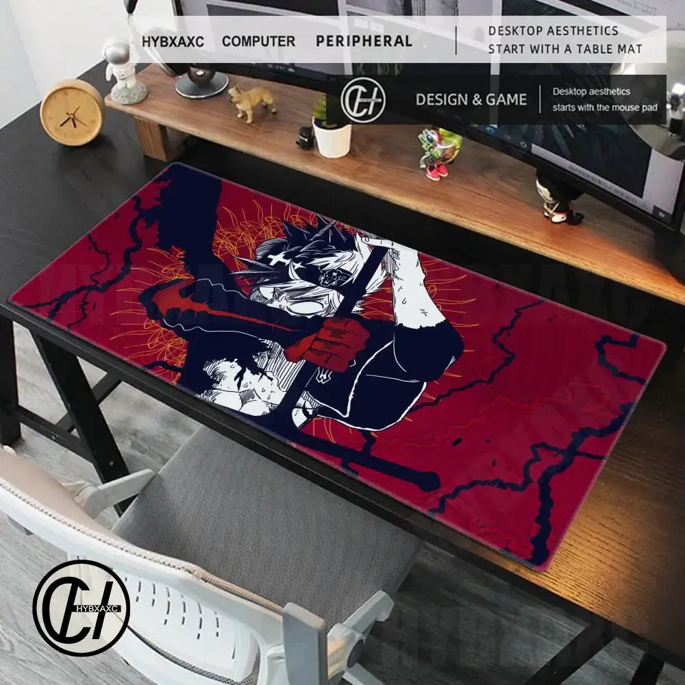 Black clover asta gaming desk mat in red and black with dynamic sword-wielding character design and anti-slip base