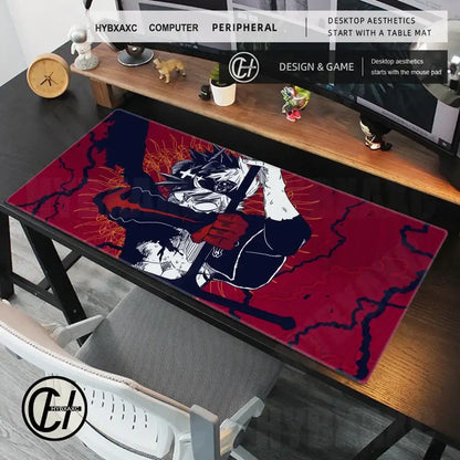 Black clover asta gaming desk mat in red and black with dynamic sword-wielding character design and anti-slip base