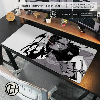 Black clover asta gaming desk mat with black and white anime character illustration and smooth anti-slip surface