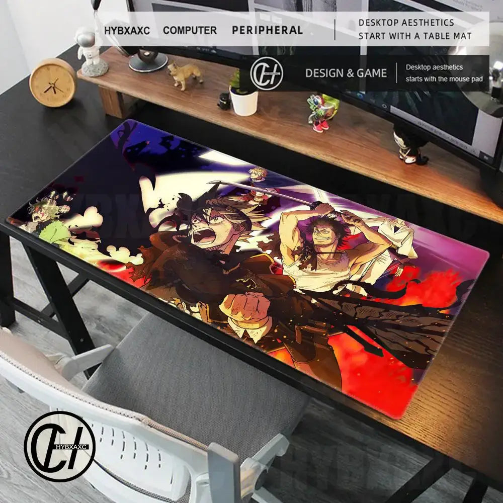 Vibrant black clover asta gaming desk mat featuring dynamic anime characters on a fiery dark background with anti-slip base