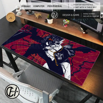 Black clover asta gaming desk mat featuring a vibrant red and black anime design with gold-trimmed character illustration