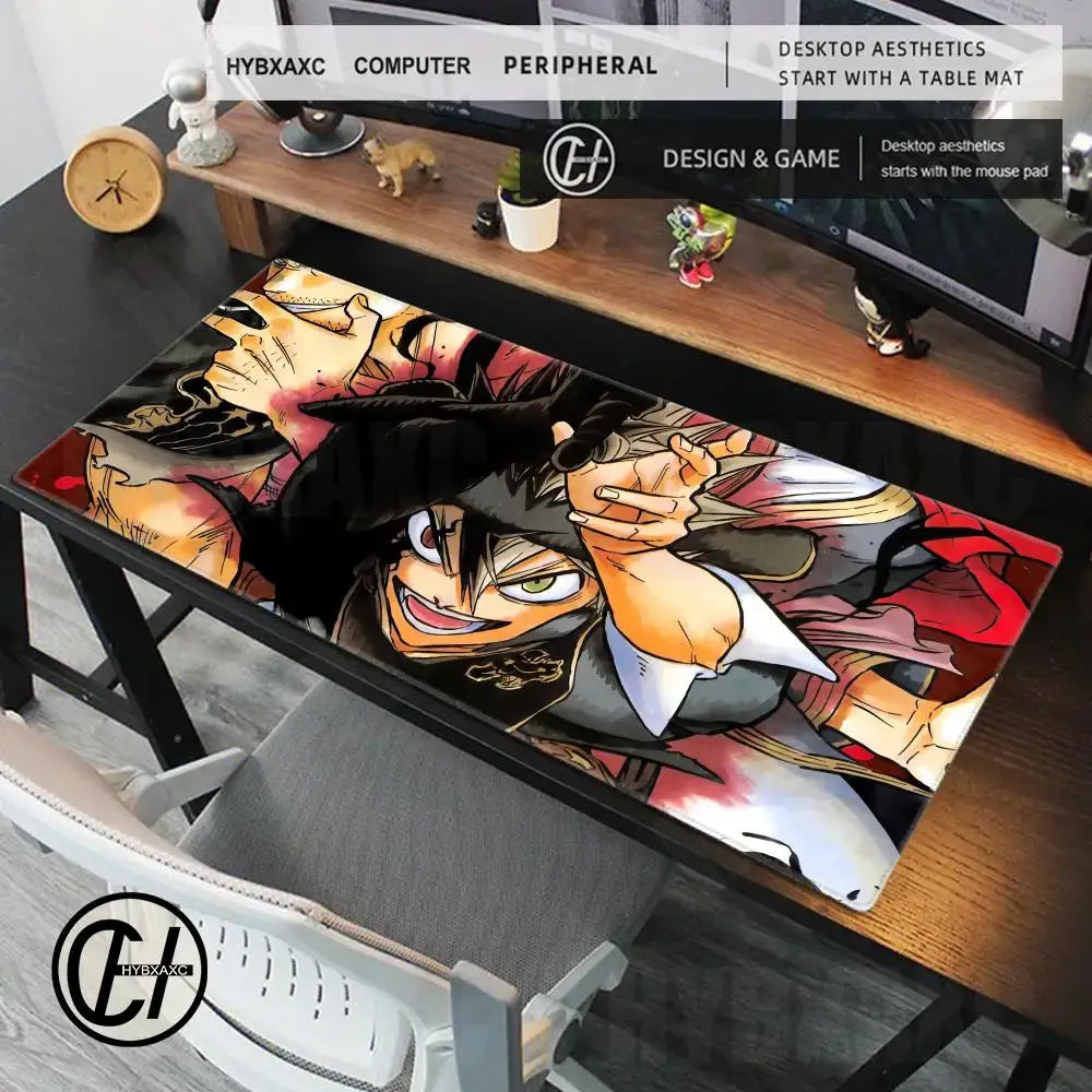 Black clover asta gaming mousepad desk mat featuring vibrant anime characters in bold black red and white hues with anti slip backing