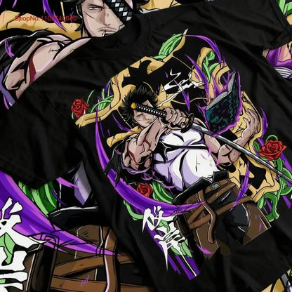 Black clover asta graphic tee featuring a vibrant sword-wielding character in purple green and gold on black cotton oversized shirt