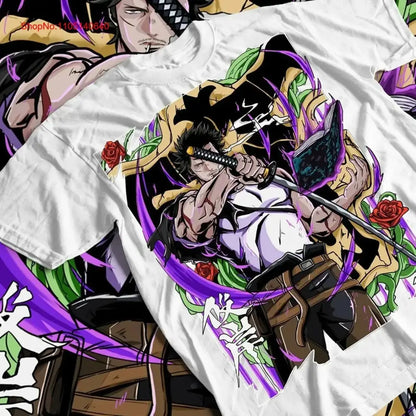 White cotton oversized t-shirt featuring black clover asta graphic with muscular character, sword, purple energy, and red roses