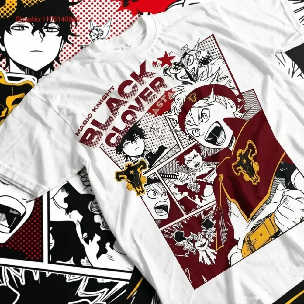 White cotton oversized t-shirt featuring a vibrant black clover asta comic-style print with bold red and black text