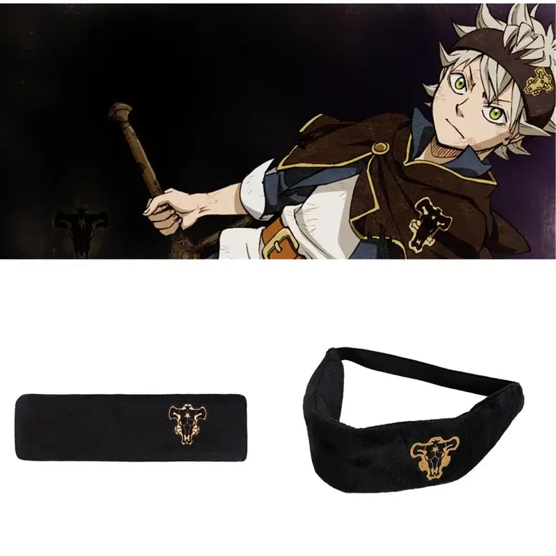 Black Clover asta headband plush cosplay band with gold embroidered emperor logo bull skull emblem