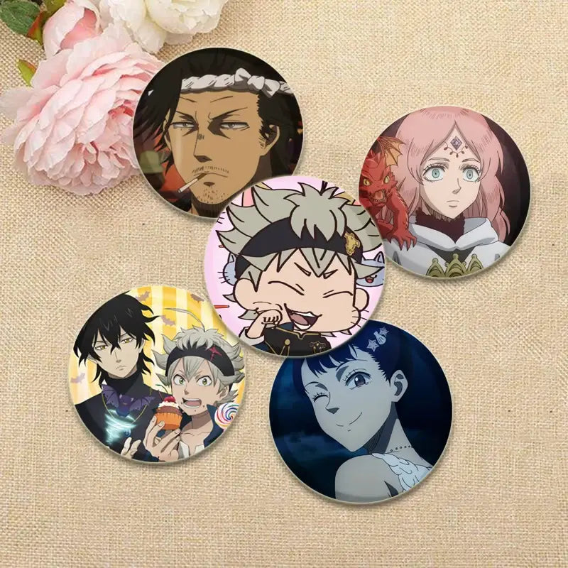 Five colorful glossy circular anime pin badges featuring black clover asta illustrations for lapel or backpack use