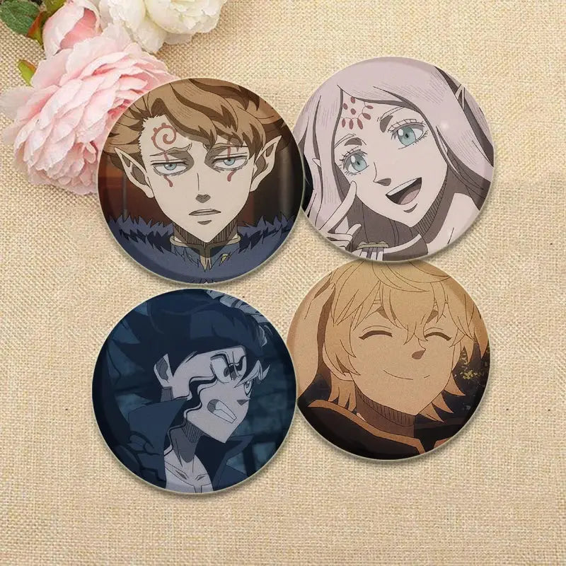 Four glossy circular anime pin badges featuring black clover asta designs in vibrant colors for backpacks or lapels