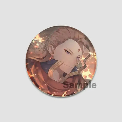 Circular black clover asta lapel pin featuring anime character with long blonde hair on fiery orange background