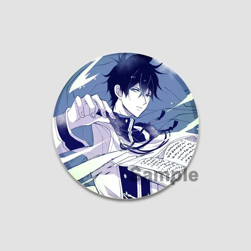 Black clover asta circular anime pin featuring dark-haired male in school uniform holding glowing book in blue tones