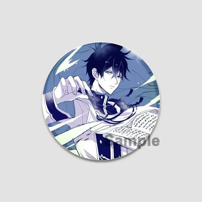 Black clover asta circular anime pin featuring dark-haired male in school uniform holding glowing book in blue tones