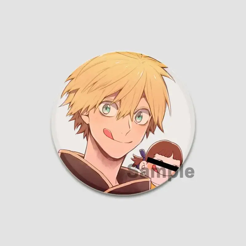 Circular black clover asta lapel pin featuring anime character with spiky blonde hair holding a smaller figure smiling