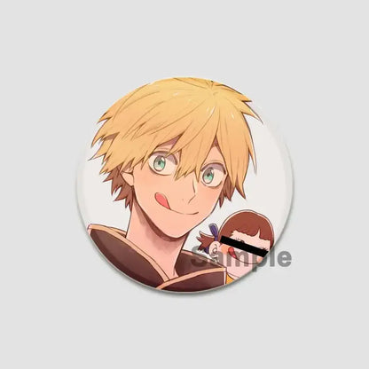 Circular black clover asta lapel pin featuring anime character with spiky blonde hair holding a smaller figure smiling