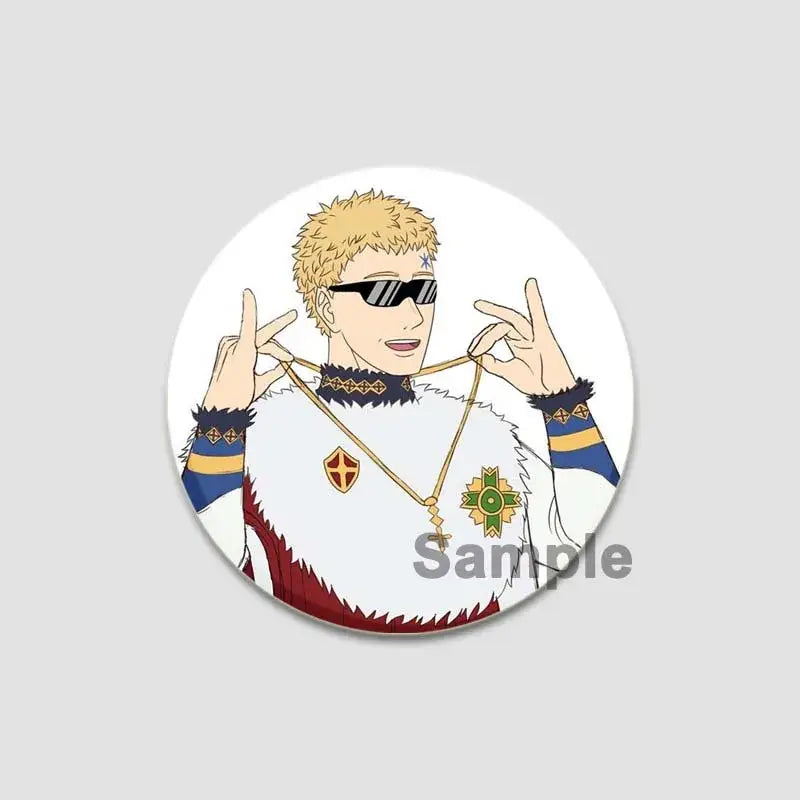 Circular black clover asta lapel pin featuring anime character with spiky blonde hair and white fur outfit