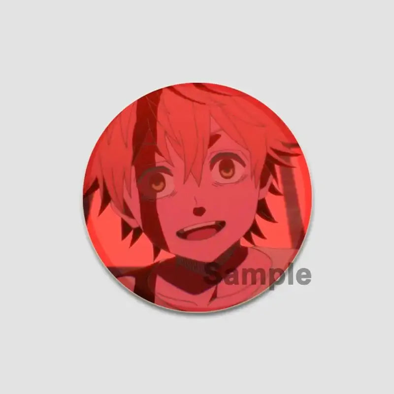 Red circular black clover asta lapel pin featuring a young boy with spiky hair and expressive eyes for backpacks