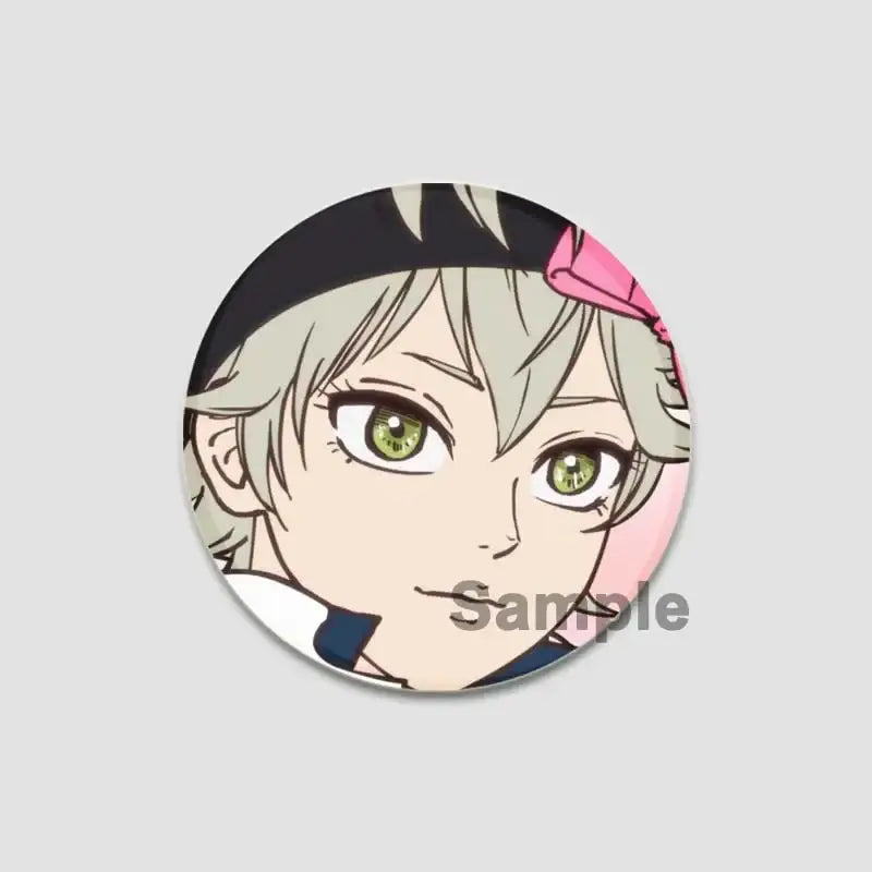 Circular black clover asta lapel pin featuring silver hair anime character with green eyes and black headband with pink bow