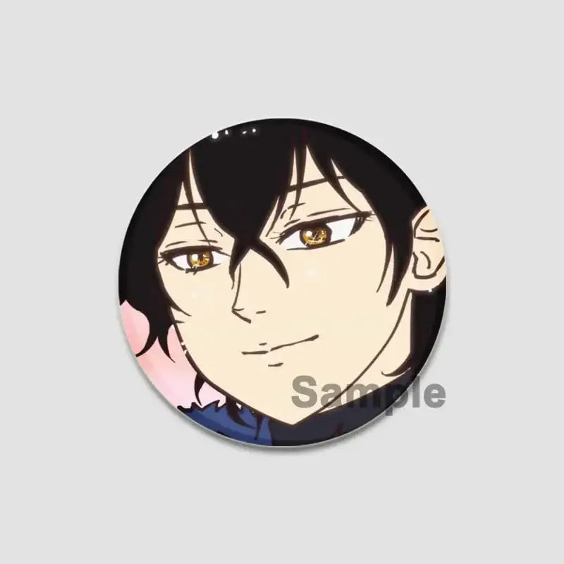 Circular black clover asta lapel pin featuring an anime character with black hair and golden eyes in stylized art