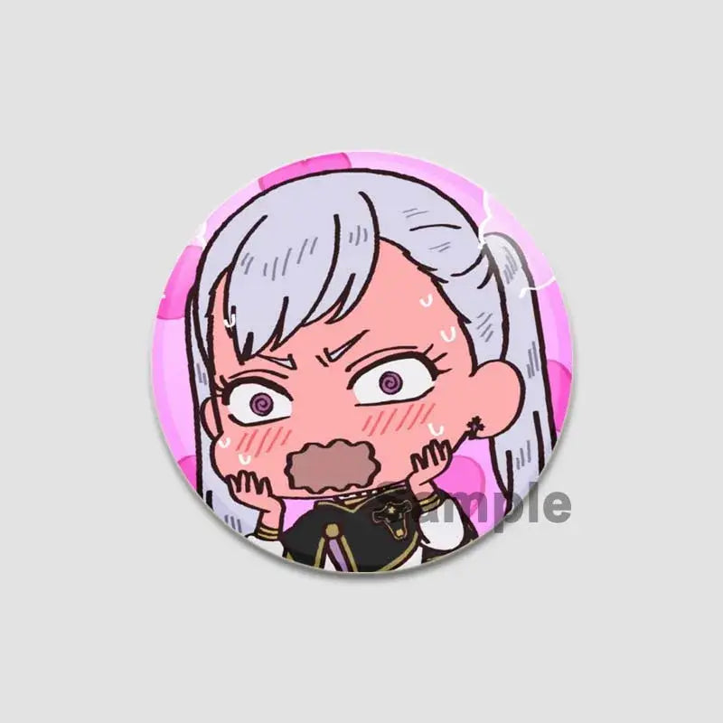 Pink circular lapel pin featuring chibi-style silver-haired black clover asta character for backpacks and badges