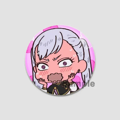 Pink circular lapel pin featuring chibi-style silver-haired black clover asta character for backpacks and badges