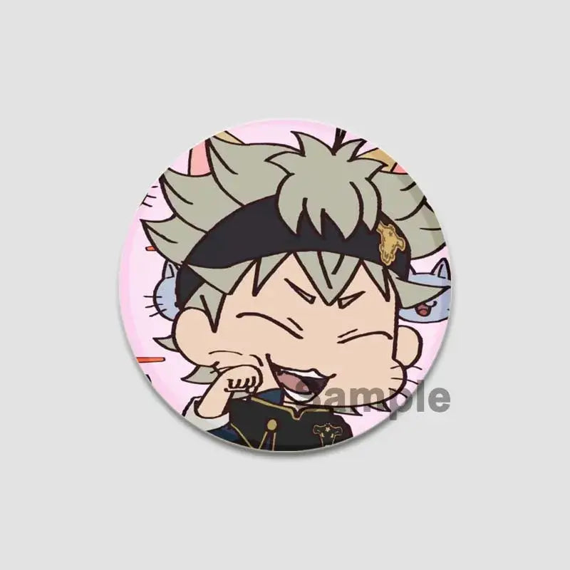 Circular black clover asta lapel pin featuring cartoon character with spiky gray hair and gold accents