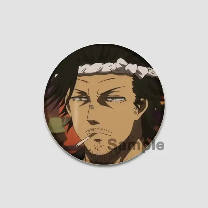 Black clover asta lapel pin featuring dark-haired anime character with white headband and cigarette for backpacks