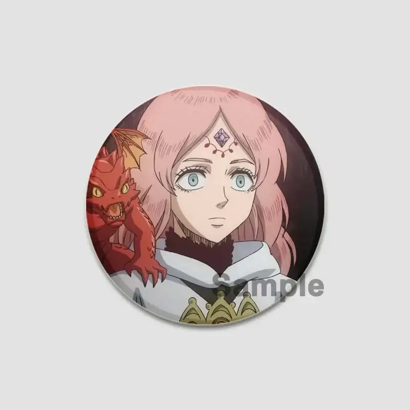 Circular black clover asta lapel pin featuring a pink-haired anime character with blue eyes and red dragon shoulder badge