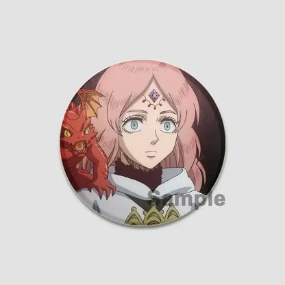 Circular black clover asta lapel pin featuring a pink-haired anime character with blue eyes and red dragon shoulder badge