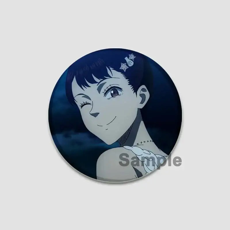 Black clover asta circular lapel pin featuring anime character with star accessories on deep blue background