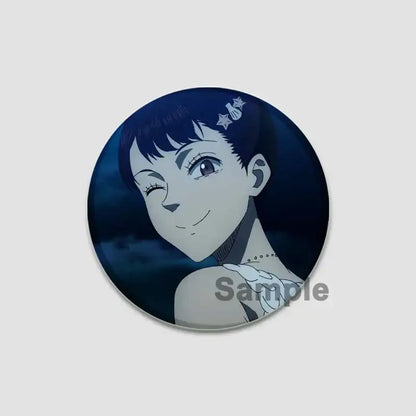 Black clover asta circular lapel pin featuring anime character with star accessories on deep blue background