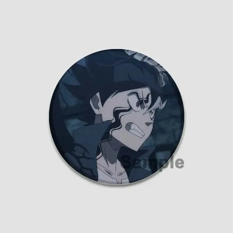 Circular dark blue and gray black clover asta lapel pin featuring stylized young man with spiky black hair and intense expression