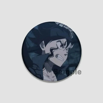 Circular dark blue and gray black clover asta lapel pin featuring stylized young man with spiky black hair and intense expression
