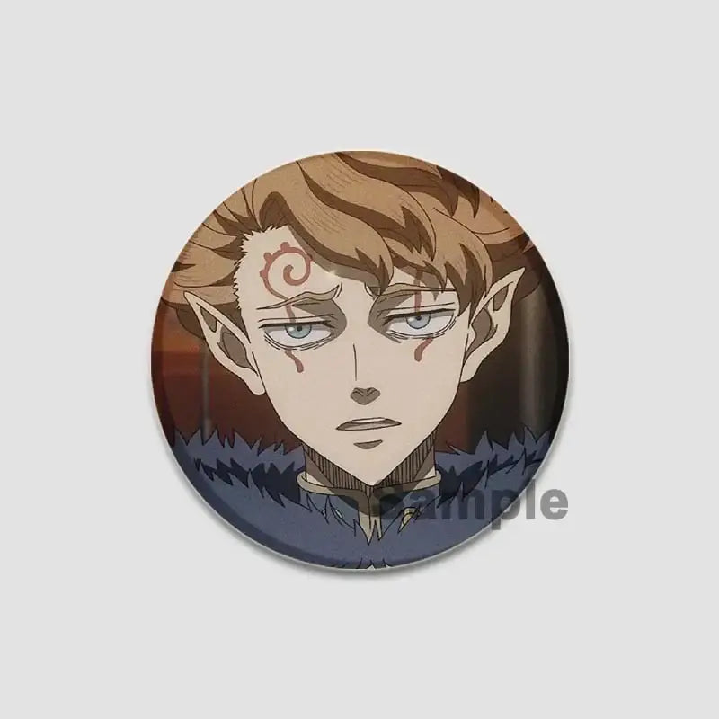 Black clover asta lapel pin featuring anime character with pointed ears and red face markings on dark blue fur garment
