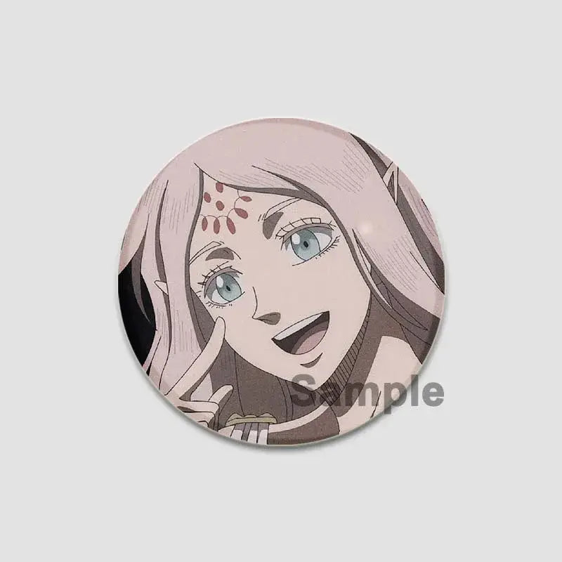 Circular black clover asta lapel pin featuring an anime character with light pink hair and blue eyes smiling