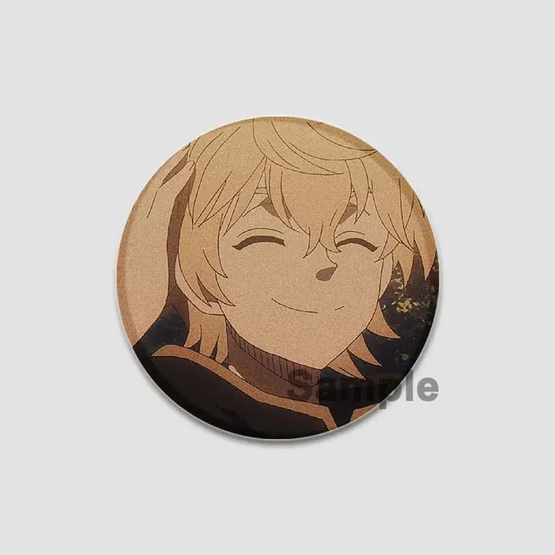 Circular black clover asta lapel pin with blonde anime character printed on light brown cardboard for backpack badge