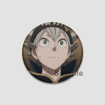 Circular black clover asta lapel pin featuring silver-haired anime character with green eyes and black gold headband