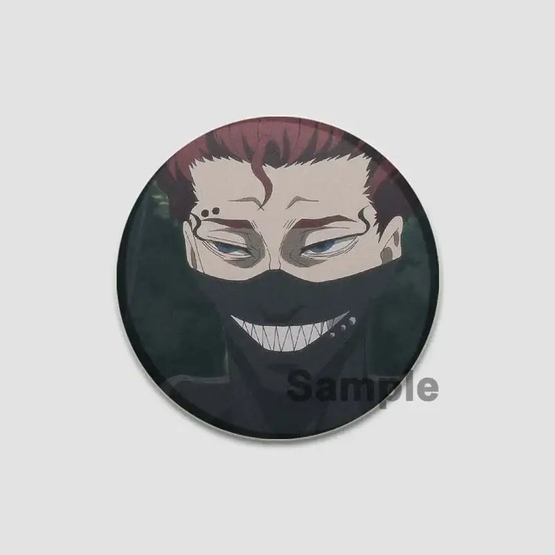 Circular black clover asta lapel pin featuring red-haired anime character with black mask and sharp white teeth for backpacks