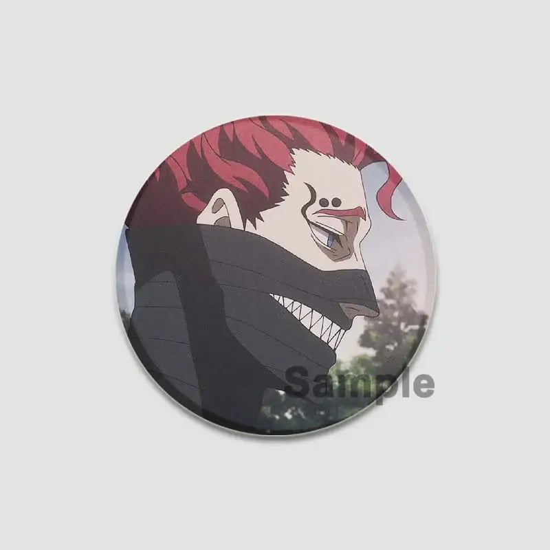 Black clover asta lapel pin featuring anime character with red spiky hair and black mask for backpacks and badges