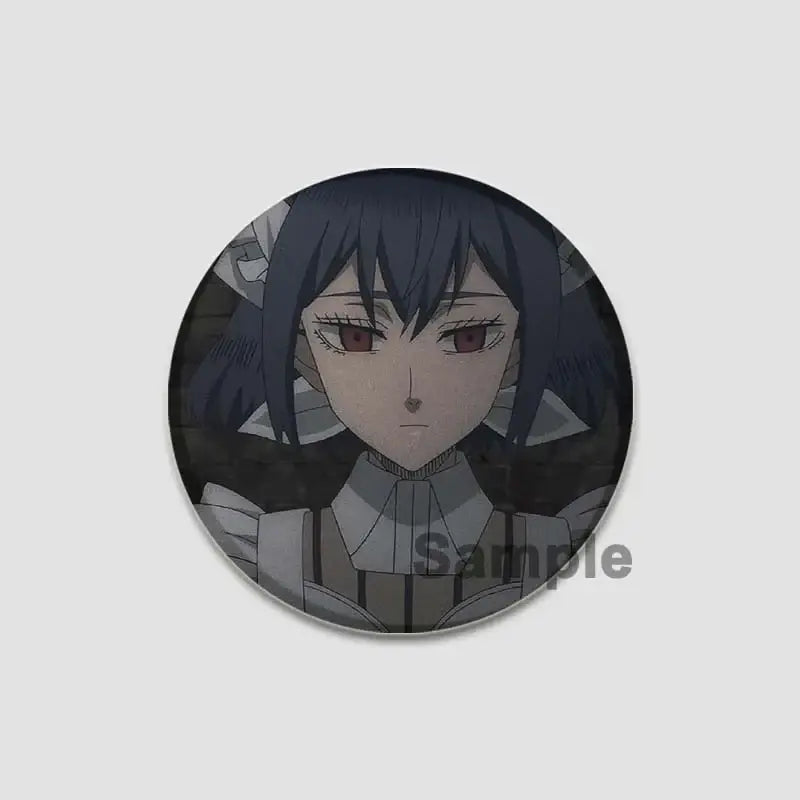Circular black clover asta lapel pin featuring anime character with dark blue hair and red eyes in white gray outfit