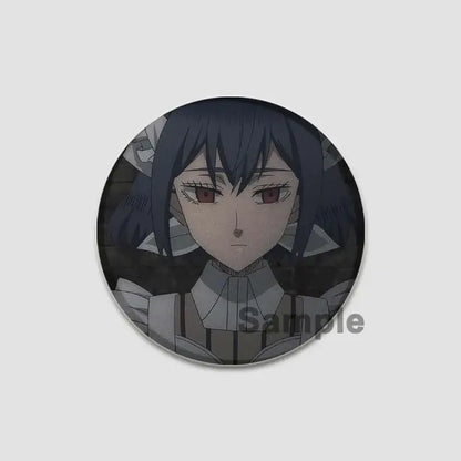 Circular black clover asta lapel pin featuring anime character with dark blue hair and red eyes in white gray outfit