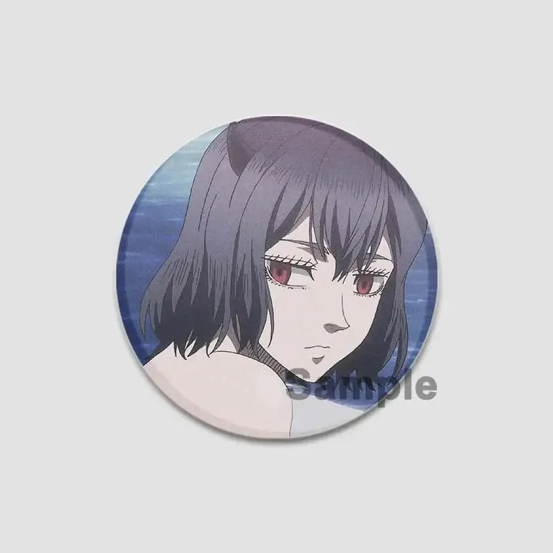 Circular black clover asta lapel pin featuring an anime character with short dark hair and red eyes on blue background