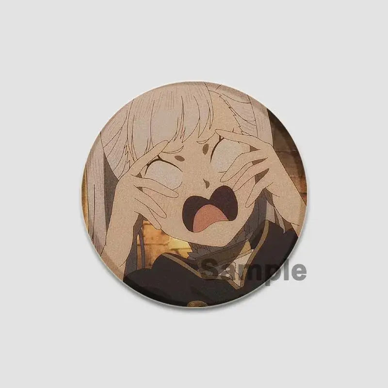 Circular black clover asta lapel pin featuring anime character with light hair and distressed expression for backpack badge